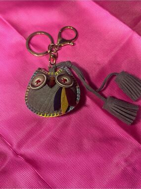 New Bag Charm Owl Leather Tassel Keychain - Gray with Multicolor Accents